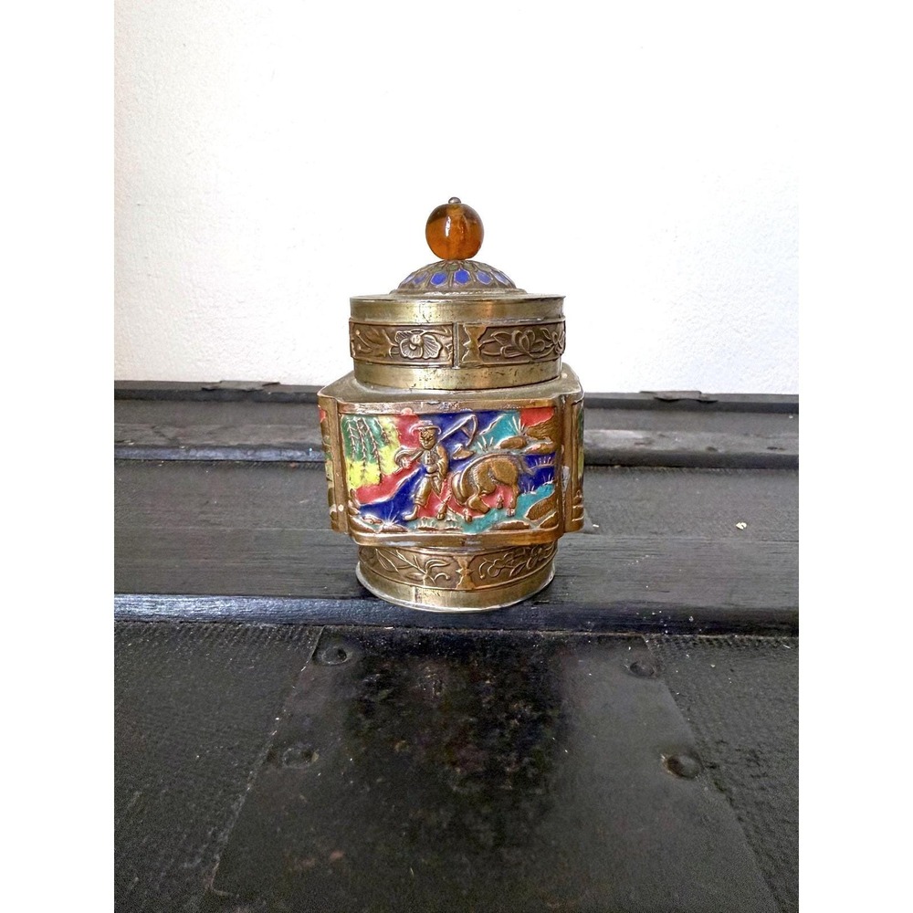 Antique Enameled Brass Chinese Tea, Tobacco Caddy, Trinket Box, Stash Box‎